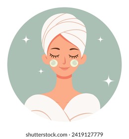 Woman daily beauty care routine. Girl with towel on head wih cream on her face