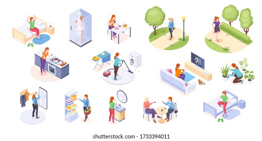 Woman Daily Life, Home Routine And Everyday Life, Vector Isometric Icons. Woman Daily Leisure Activity, Morning Wake Up, Breakfast, Running In Park, Cooking And Shopping, House Cleaning And Laundry