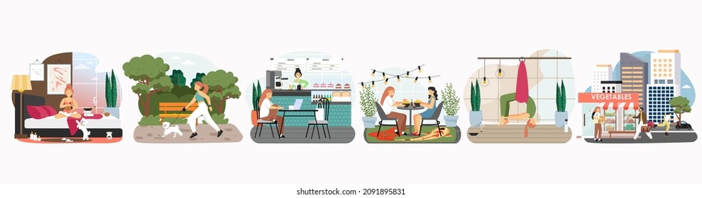 Woman daily life, routine, everyday activities vector illustration. Girl walking dog, working on laptop, shopping, training, relaxing