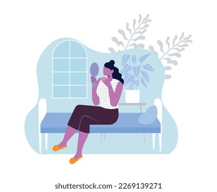 Woman daily routine. Beautiful young girl holding mirror and applying cosmetic products for skin care. Lady doing makeup. Moisturizing and massage. Cartoon flat vector illustration isolated on white