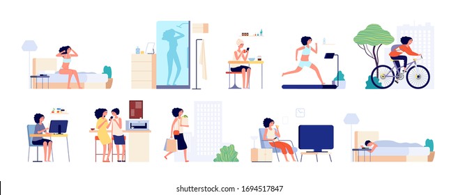 Woman daily routine. Businesswoman day, girl city life. Female breakfast, sleep and working. Adult everyday lifestyle vector illustration