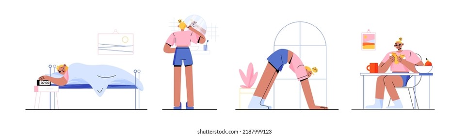 Woman daily routine, day life, schedule, female characters morning habits. Girl sleeping, waking up, brushing teeth, doing yoga exercises, eat breakfast at home, Line art flat vector illustration