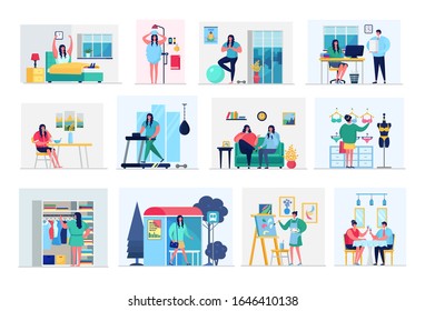 Woman daily routine in everyday life vector illustration set. Active girl normal day routing lifestyle schedule waking and shower, exercise, office and shopping route, art creation and meeting friend.