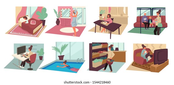 Woman daily routine, female character day isolated icons vector. Morning and shower, breakfast and public transport, workplace and swimming pool. Grocery store and home evening, exercising and relax