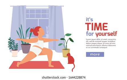 Woman daily routine flat background with female character doing body exercices with text and more button vector illustration