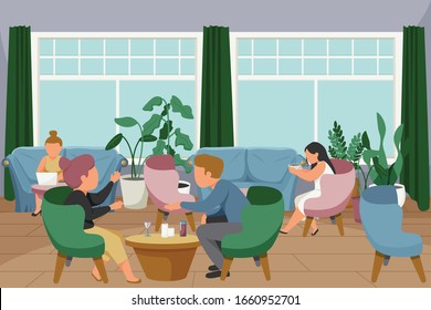 Woman daily routine flat composition with indoor scenery with female human characters in different casual situations vector illustration