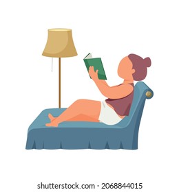 Woman daily routine flat composition with female character reading book while lying on sofa vector illustration