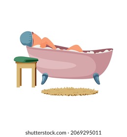 Woman daily routine flat composition with character of girl having a bath with foam vector illustration