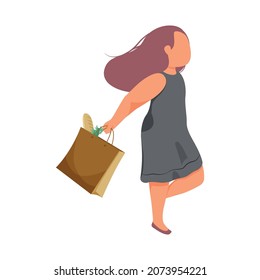 Woman daily routine flat composition with isolated character of walking lady carrying grocery shopping bag vector illustration