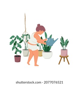 Woman daily routine flat composition with character of girl watering home plants growing in pots vector illustration