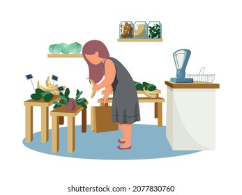 Composición plana de rutina diaria de la mujer con vistas al supermercado y la mujer eligiendo ilustración vectorial de vegetales