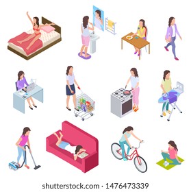 Woman daily routine. Housewife ironing and shopping, doing fitness and cooking. Female everyday lifestyle isometric vector characters. Illustration routine daily activity, girl breakfast, housework