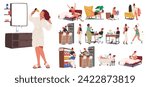 Woman Daily Routine Involves Tasks Like Waking Up, Exercising, Work, Meals, And Relaxation, Character Balancing Responsibilities With Self-care And Personal Time. Cartoon People Vector Illustration