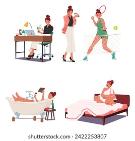 Woman Daily Routine Involves Tasks Like Tennis Exercises, Work in the Office, Meals, Relaxation in Bathroom and Sleep. Female Character Schedule Time Activities. Cartoon People Vector Illustration