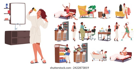 Woman Daily Routine Involves Tasks Like Waking Up, Exercising, Work, Meals, And Relaxation, Character Balancing Responsibilities With Self-care And Personal Time. Cartoon People Vector Illustration