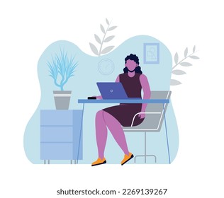 Rutina diaria de mujer. El empleado de Office en el área de trabajo realiza proyectos en el portátil. Trabajador independiente o a distancia. Emprendedor o autónomo. Dibujo vectorial plano de dibujos animados aislado en fondo blanco