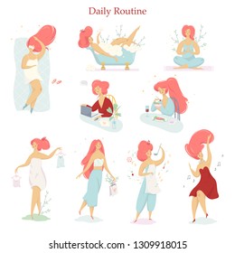 Woman daily routine set. Female character doing different activity during the day. Girl lifestyle. Breakfast and office work, relaxation and bed time. Isolated vector illustration in cartoon style