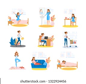 Woman daily routine set. Female character doing different activity during the day. Girl lifestyle. Breakfast and office work, relaxation and bed time. Isolated vector illustration in cartoon style