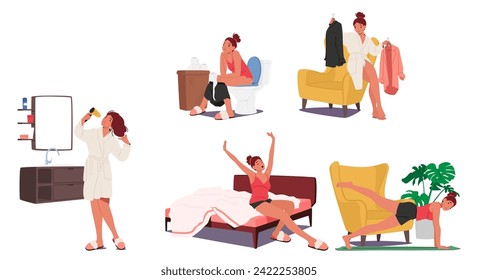 Woman Daily Routine Set. Waking Up, Shower and Hairstyle, Exercising, Toilet and Dress Up. Female Character Ready To Conquer The Day With Grace. Cartoon People Vector Illustration Isolated on White