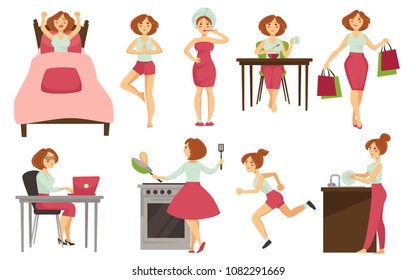 Woman daily routine vector icons. 