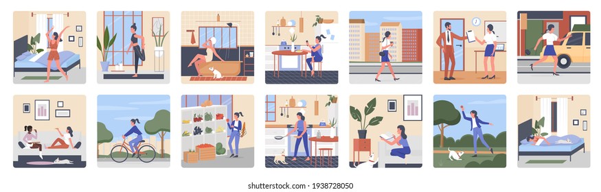 Woman daily routine vector illustration set. Cartoon everyday life scenes of young woman character sleeping in bed, cooking and eating food at home, doing exercise sports, working and playing with dog