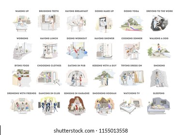 Woman daily routine. Waking up, having breakfast, going to the work and other activities. Young woman lifestyle. Isolated vector illustration