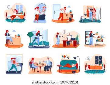 Woman daily routine. Waking up, working, going to gym, grocery shopping, relaxing at home, sleeping. Girl doing everyday activities vector set. Character having dinner, reading book