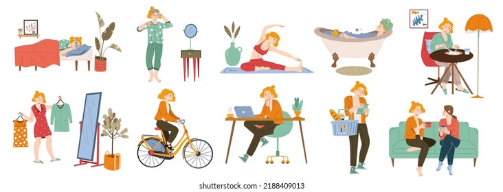 Woman daily routines set. Vector flat illustration of girl sleep, clean teeth, take bath, doing yoga, eat breakfast, choose clothes, then ride on bike, work on computer, shop and talk with friend