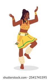 A mulher dança de vestido. Menina dançando de vestido amarelo. Cultura e tradições africanas. Passatempo e lazer. Modelo e layout. Ilustração de vetor plano isolada no plano de fundo branco