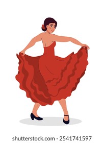 A mulher dança de vestido. Menina dançando flamenco de vestido vermelho. Cultura e tradições latinas. Passatempo e lazer. Adesivo de mídia social. Ilustração de vetor plano isolada no plano de fundo branco