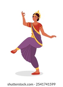 Woman dance in dress. Young girl dancing in violet dress. Indian culture and traditions. Hobby and leisure. Template and layout. Flat vector illustration isolated on white background