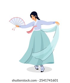 Woman dance in dress. Young girl dancing in blue dress with hand fan. Asian culture and traditions. Hobby and leisure. Poster or banner. Flat vector illustration isolated on white background