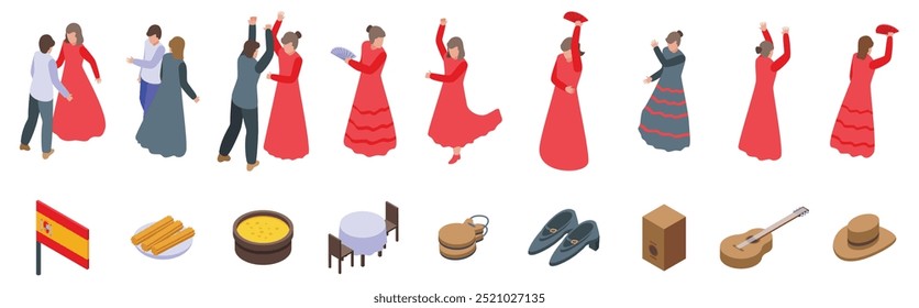 Mulher dança flamenco ícones set. Este é um conjunto de ícones isométricos com pessoas dançando flamenco com objetos tradicionais espanhóis e comida