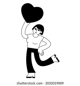 Woman dance with heart. Young female character. Romance and love. Outline Girl with a cute gift.