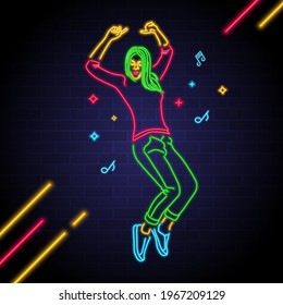 Woman Dance Neon Light Glowing Vector. Neon Icon Dancer Female. Music Notes, Stars, Karaoke Neon Symbols Bright