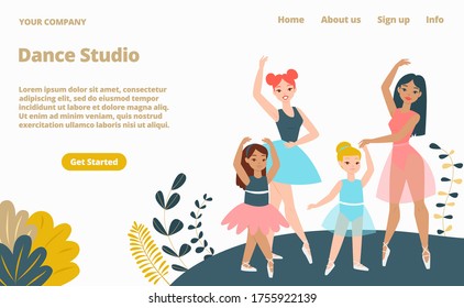 Woman dance studio landing web page, concept banner website template cartoon vector illustration. Company website page, female modern music workroom. Character female performing ballet.