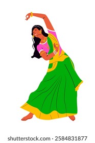 Woman dance traditional dance at the Indian ethnic Festival moving rhythmically to oriental music. Bright flat illustration on white background. For stickers, banners, cards