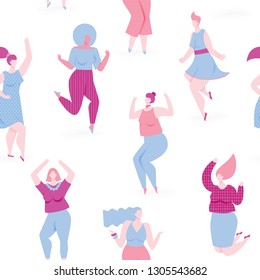 Woman dance, vector seamless pattern with dancing and jumping girls