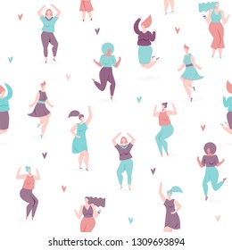 Woman dance, vector seamless pattern with dancing and jumping girls