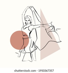 Woman dancer in motion minimalist continuous line style drawing with simple geometry - circle and triangle