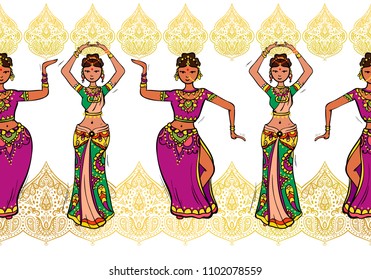 Woman dancer in national indian cloth dancing. Seamless pattern, vector illustration.