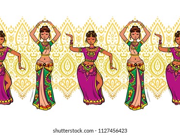 Woman dancer in national indian cloth dancing. Seamless pattern, vector illustration.