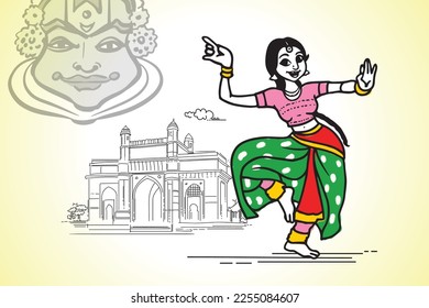 Woman dancer in national Indian cloth dancing Bharatanatyam folk dance.