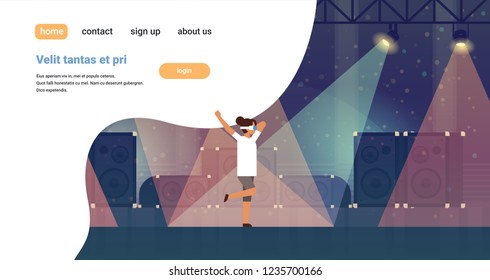 woman dancer wear virtual reality glasses dancing on stage with light effects disco musical equipment multimedia speaker background flat horizontal copy space