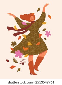 Woman dances in a dress with falling leaves. Autumn vibes. Vector template with cute women for card, poster, flyer and other users.