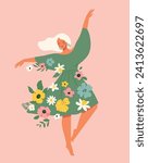 Woman dances in a dress with flowers. International Women s Day. Vector template with cute women for card, poster, flyer and other users.