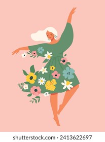 Woman dances in a dress with flowers. International Women s Day. Vector template with cute women for card, poster, flyer and other users.