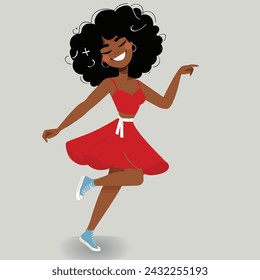 La mujer baila con gracia y ligereza, vestida con un vestido rojo radiante y unas zapatillas cómodas, que emanan una energía contagiosa y una sonrisa cautivadora. ¡Una verdadera celebración de la vida y la libertad expresiva!