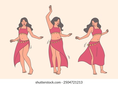 Mujer baila danza oriental del vientre de pie en diferentes poses y disfruta preparándose para el festival indio. Chica es aficionada a la danza oriental para mantener la figura delgada y seguir siendo hermosa.