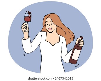 Woman dances at party holding bottle of wine and glass filled with exquisite alcoholic drink. Girl in white dress for party is addicted to alcohol and rejoices at new opportunity to drink